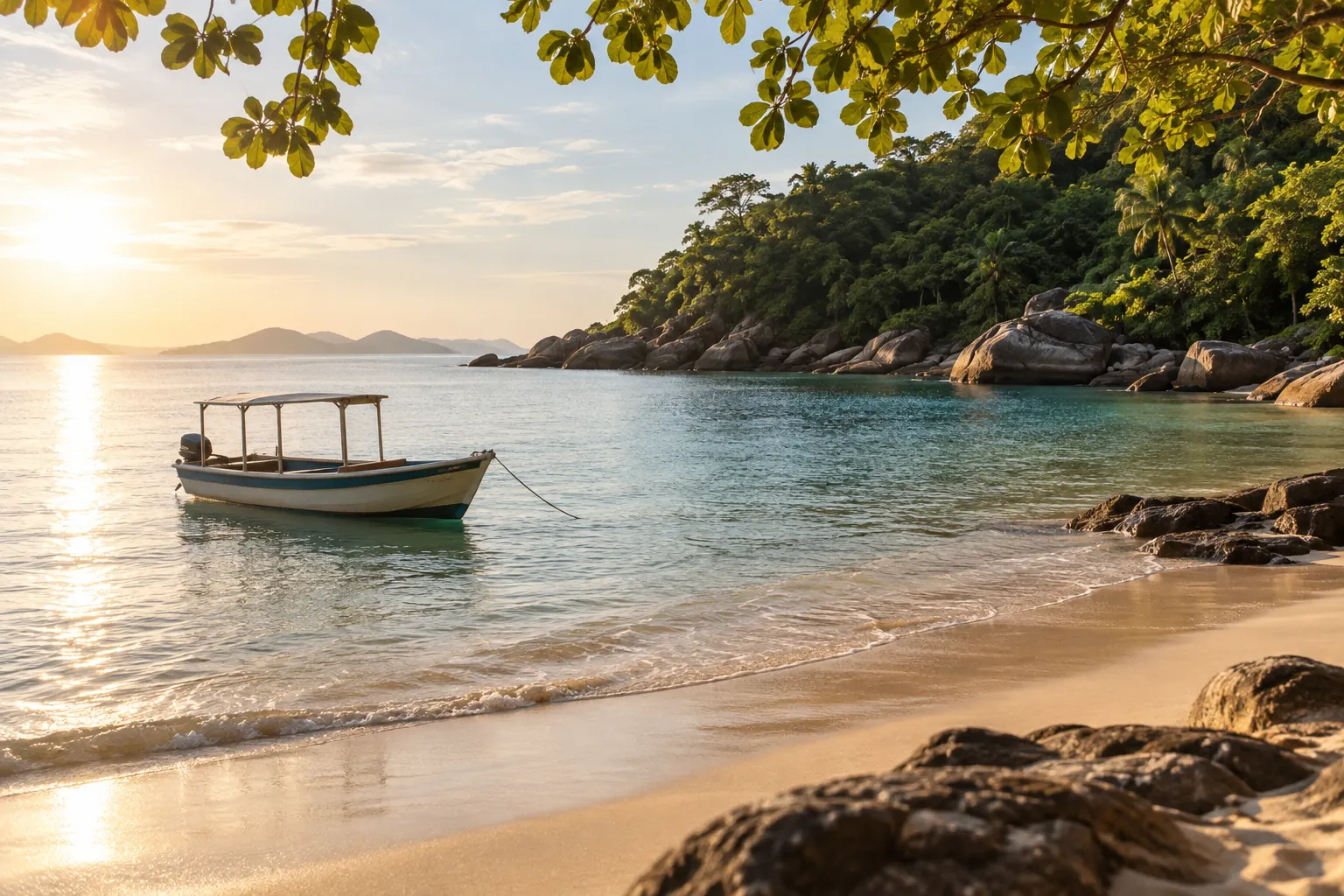 Passeio de barco em paisagem costeira ilustrativa sem local identificado