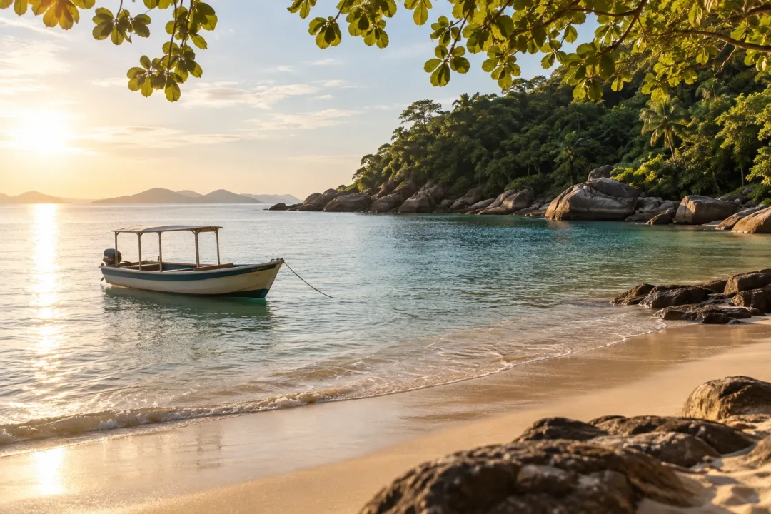 Passeio de barco em paisagem costeira ilustrativa sem local identificado
